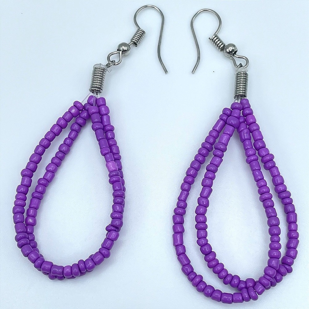 Vintage 90s Purple Seed Bead Dangle Earrings Boho Multi Strand Teardrop Fashion
